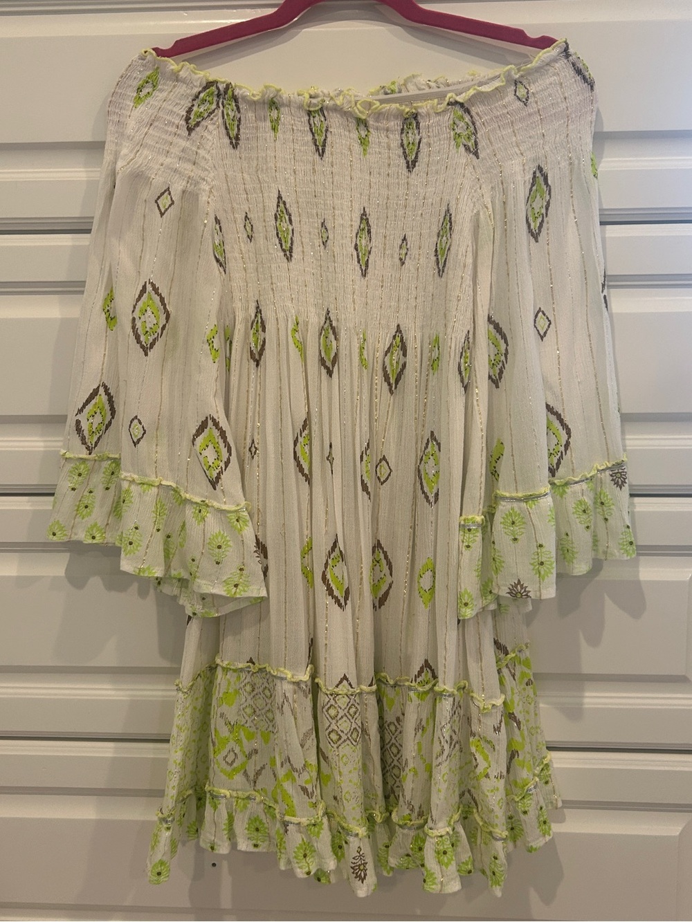 Boho Off-Shoulder Embroidered Tunic Dress - White & Lime